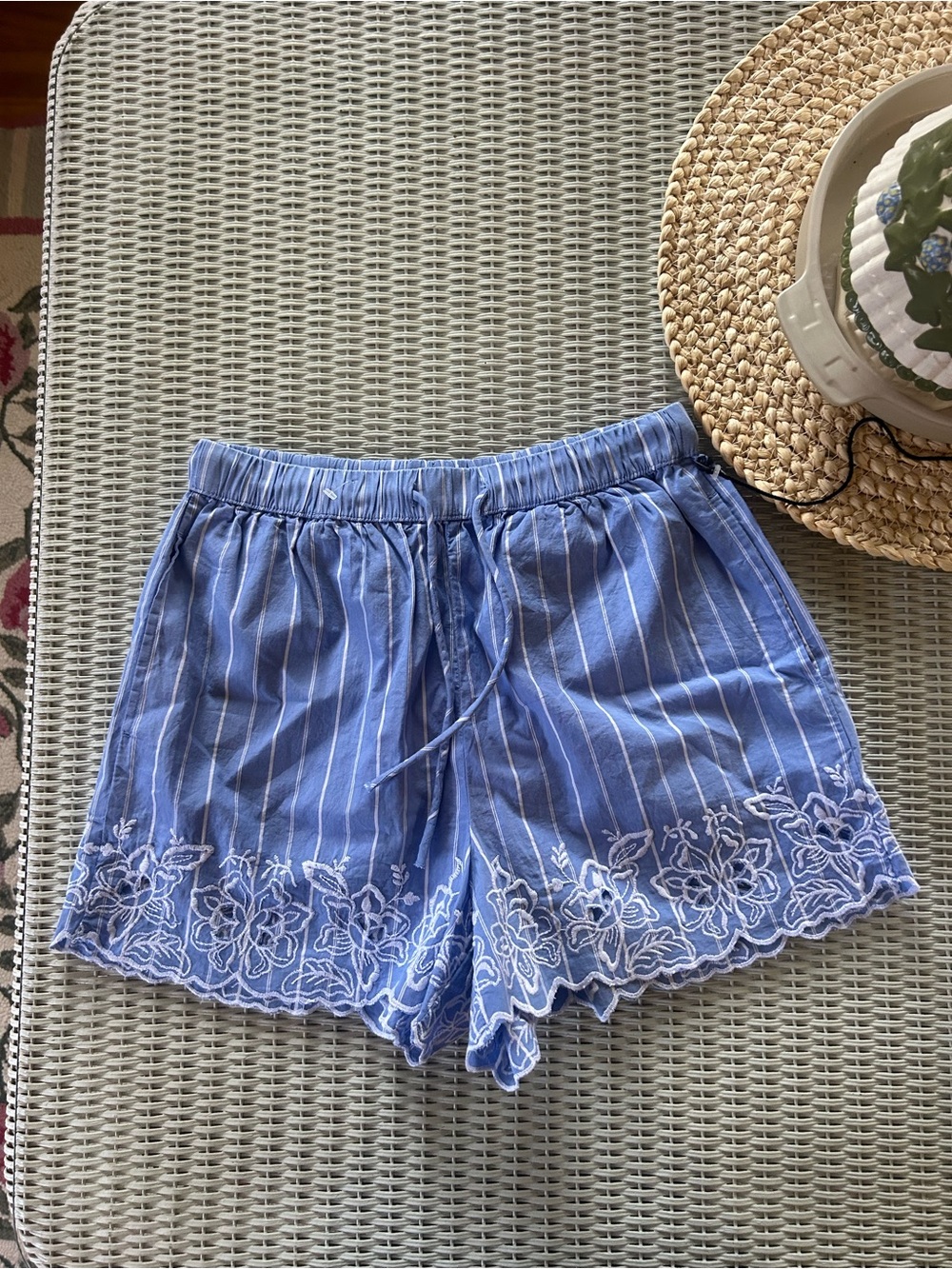 Embroidered High-Waist Blue Stripe Women's Shorts